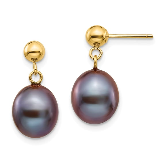 14k 8-9mm Black Rice Freshwater Cultured Pearl Dangle Post Earrings in 14k Yellow Gold