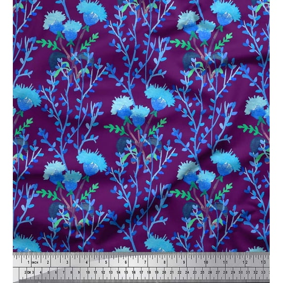 Soimoi Purple Poly Georgette Fabric Flower & Leaves Watercolor Print Fabric by the Yard 52 Inch Wide