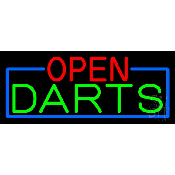 Open Darts With Blue Border LED Neon Sign 10 x 24 - inches, Clear Edge Cut Acrylic Backing, with Dimmer - Bright and Premium built indoor LED Neon Sign for Bar decor.