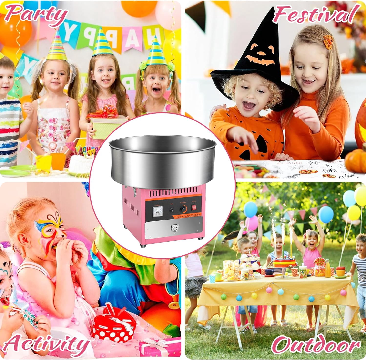 Pink Electric Cotton Candy Machine Commercial, 1000W Cotton Candy Maker with Stainless Steel Bowl, Sugar Scoop, Storage Drawer, Perfect for Family Party, Kids Birthday