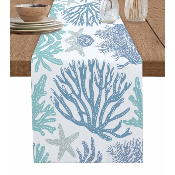 Ldtrchee Blue Coastal Table Runner 72 Inches, Summer Beach Nautical Starfish Coral Bed Runner Dresser Scarves Tabletop for Indoor Outdoor Parties/Ceremony/Banquet, 14" x 72"