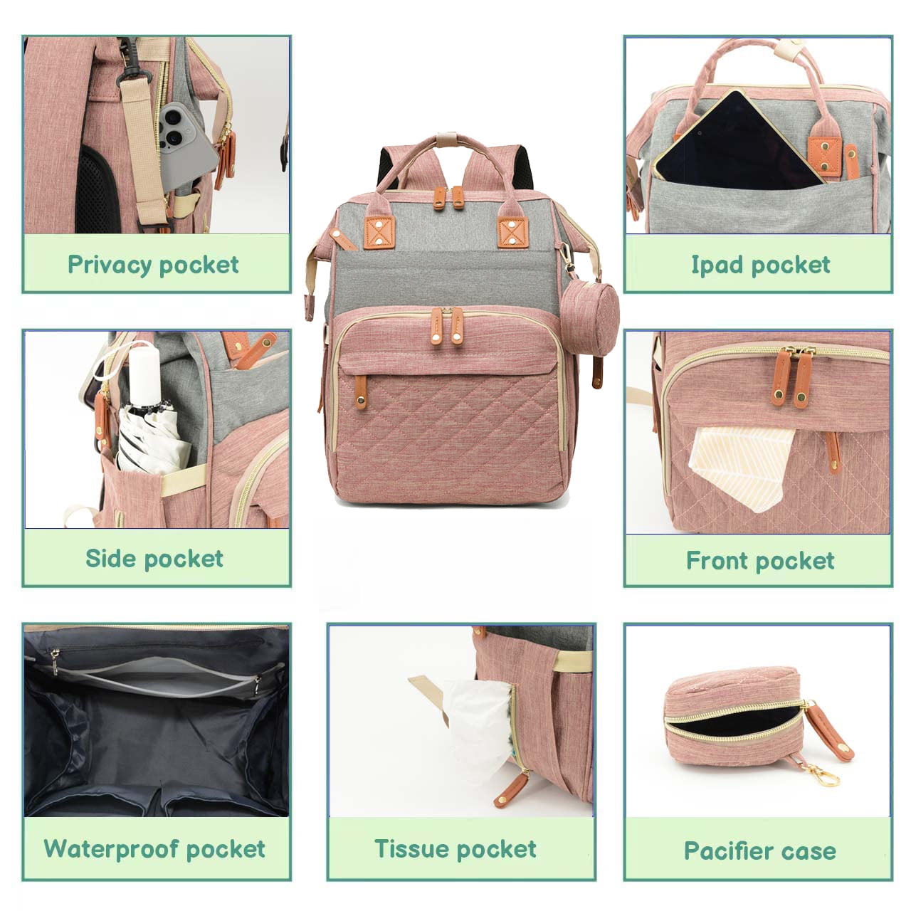 DERSTUEWE Baby Diaper Bag Backpack, Multifunctional Waterproof Portable Baby Bag for Travel， Pink Grey