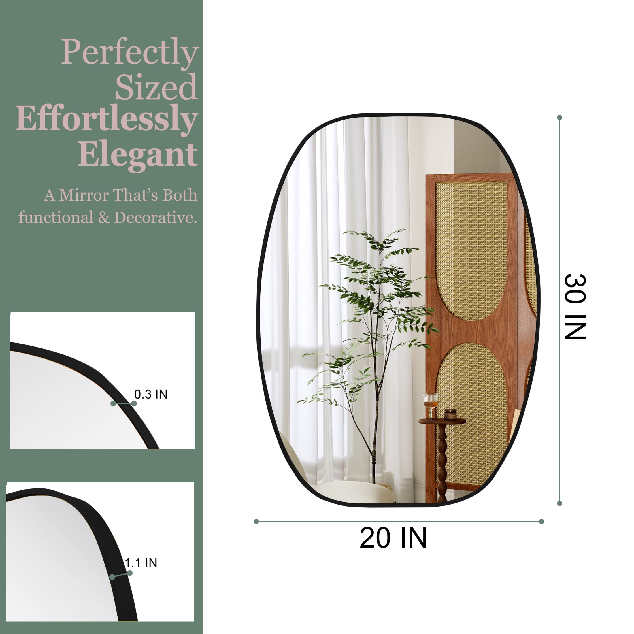 Noble House 20"x30" Unique Metal Framed Oval Wall Mirror, Modern Oblong Vanity Mirror for Bathroom & Entryway, Black