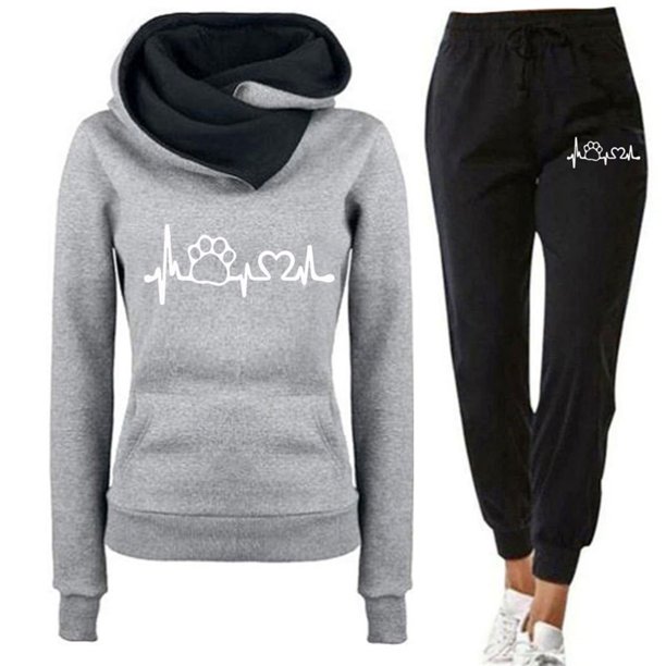 Gibobby Conjunto de Pantalones para Mujer Conjunto deportivo informal con estampado de mascotas y ritmo cardíaco para mujer, conjunto de pantalón con capucha (Gris,M)