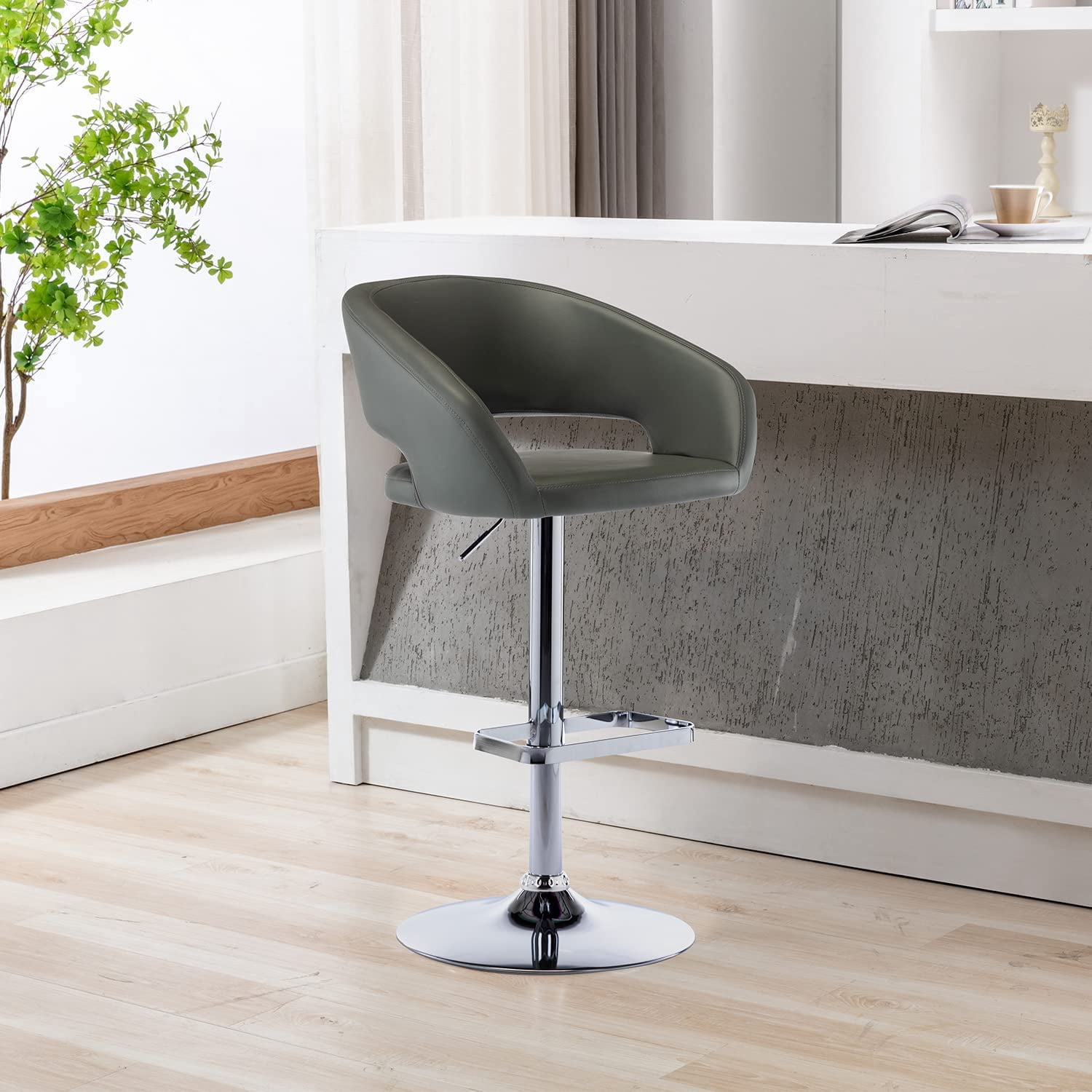 PU Leather Bar Stools, Adjustable Height 24."-32.25, Swivel Barstools with Back & Footrest, Upholstered Bar Chairs for Kitchen Island, Dining Room, Home Bar (Grey, Silver Base)