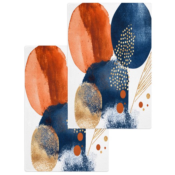 Navy Blue Burnt Orange Kitchen Dish Towels for Drying Dishes Set of 2, Abstract Geometric Vintage Waffle Weave Microfiber Hand Tea Bathroom Towels Quick Dry & Absorbent Towel 15.7x23.6