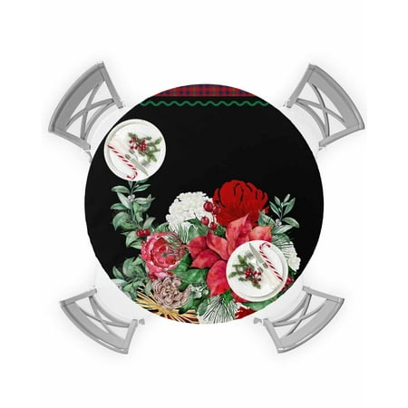 

Round Tablecloth with Elastic Christmas Watercolor Red White Pink Flowers with Leaves Waterproof Table Cover Wipeable Fitted Table Cloths for 55 -60 Round Tables Dining Kitchen Indoor Outdoor Use
