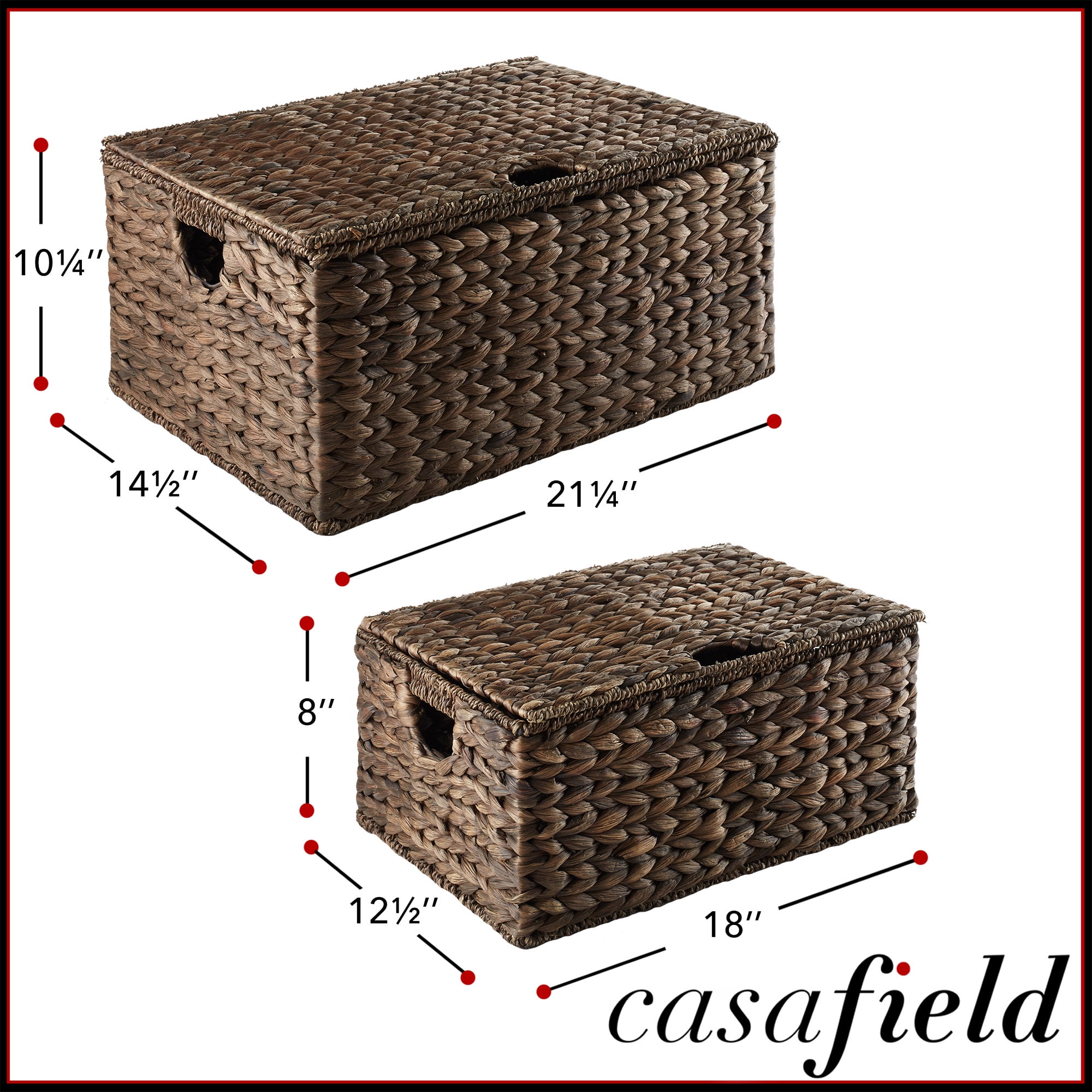 Casafield Set of 2 Water Hyacinth Storage Baskets (Medium/Large),  Multipurpose Organizer Rectangular Totes with Removable Lids