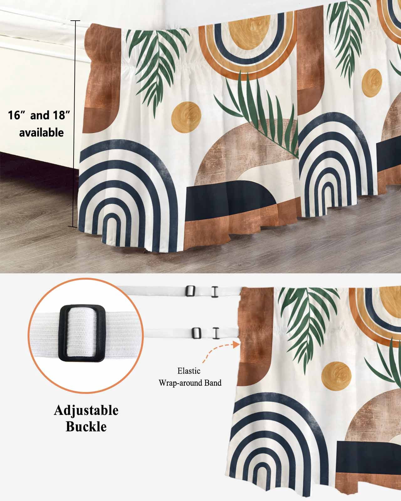 Abstract Boho Bed Skirt Cal King Size, Bohemian Palm Leaf Geometric Leaf Circle Wrap Around Bed Skirting with Adjustable Elastic Strap, Dust Ruffled Pleated Bedskirts 18 Inch Drop for Bedroom Beds
