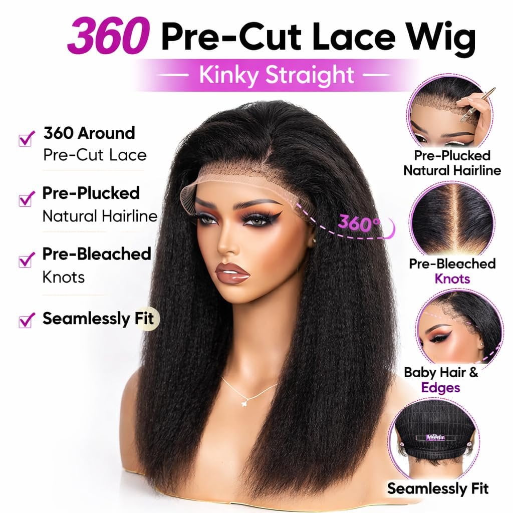 Strap Invisible Drawstring 360 Lace Wig Human Hair Pre Cut Lace Wear and Go Glueless Kinky Straight 200% Density Full Lace Wig 18 Inch