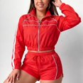 thumbnail image 5 of Womens Tracksuit 2 Piece Sets,Zip Up Cropped Jacket with High Waist Shorts,Long Sleeve Athletic Sweatsuits,Casual Summer Outfits for Workout Travel Red M, 5 of 9