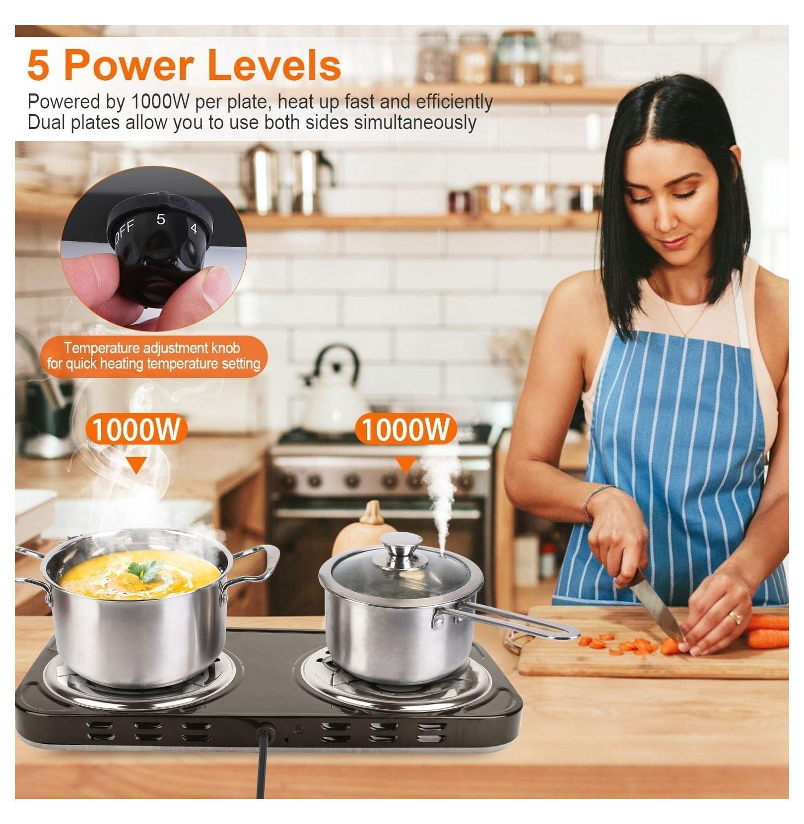 Hot Plate Electric Stove, 2000W Portable Dual Burner Cooktop - 5 Temp Control, Cast Iron, for Home, RV, Camping & All Cookware