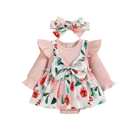 

jaweiwi Infant Baby Girls Fake-two Romper Floral Print Knitted Ribbed Patchwork Round Neck Long Fly Sleeve Skirt Hem Jumpsuits with Headband Size 0 6 9 12 18 M