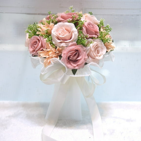 Zhuge Wedding Bouquets for Bride, Pink Bridal & Bridesmaid Artificial Flower Bouquets, Wedding Bouquets with Silk Ribbon Ideal for Bride & Valentine's Day