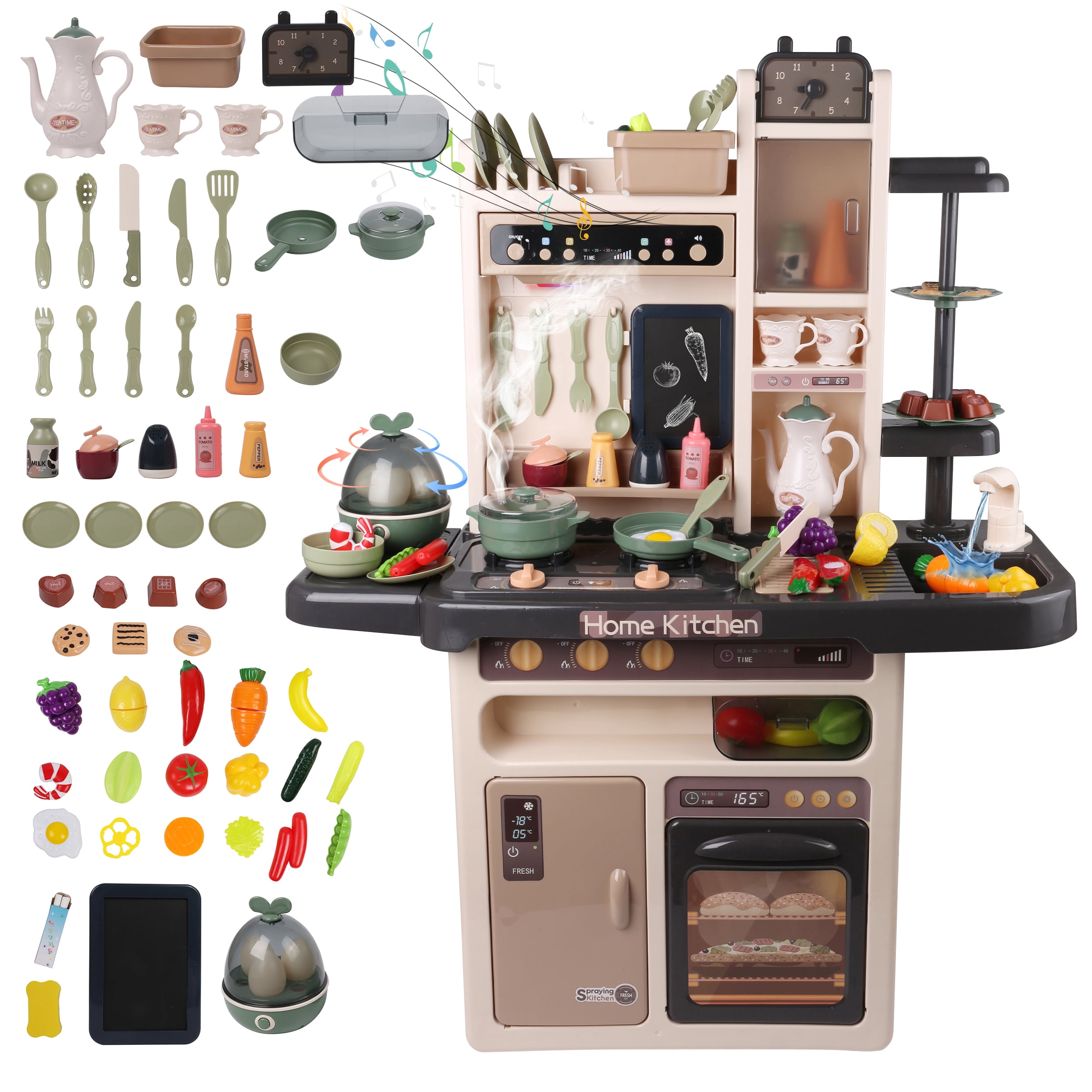 65 PCS Large Pretend Play Kitchen Toy Set for Kids with Real Lights and