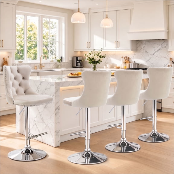 PAPROOS Bar Stools Set of 4, 360°Velvet Swivel Barstools with Backs, Chrome Base, Adjustable Seat Height from 25-33 inch, Counter Height Bar Chairs for Kitchen Island, Home Bar, Beige