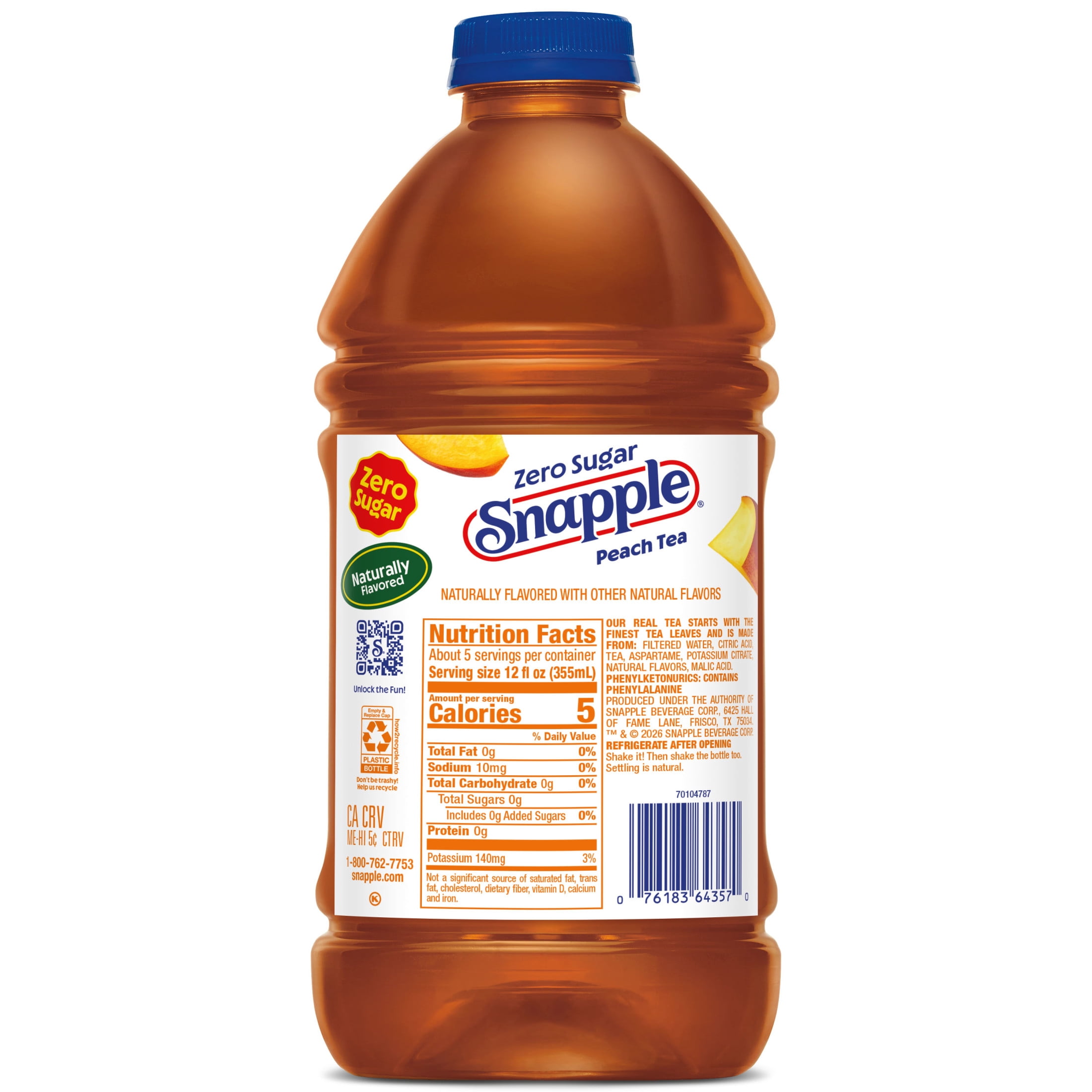 Snapple Zero Sugar Peach Tea, Low Calorie, 64 fl oz Bottle