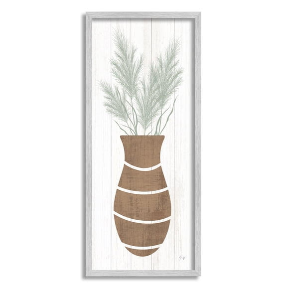 Stupell Industries Herbal Flower Sprigs Striped Vase Shape Grain Pattern Graphic Art Gray Framed Art Print Wall Art, Design by Yass Naffas Designs