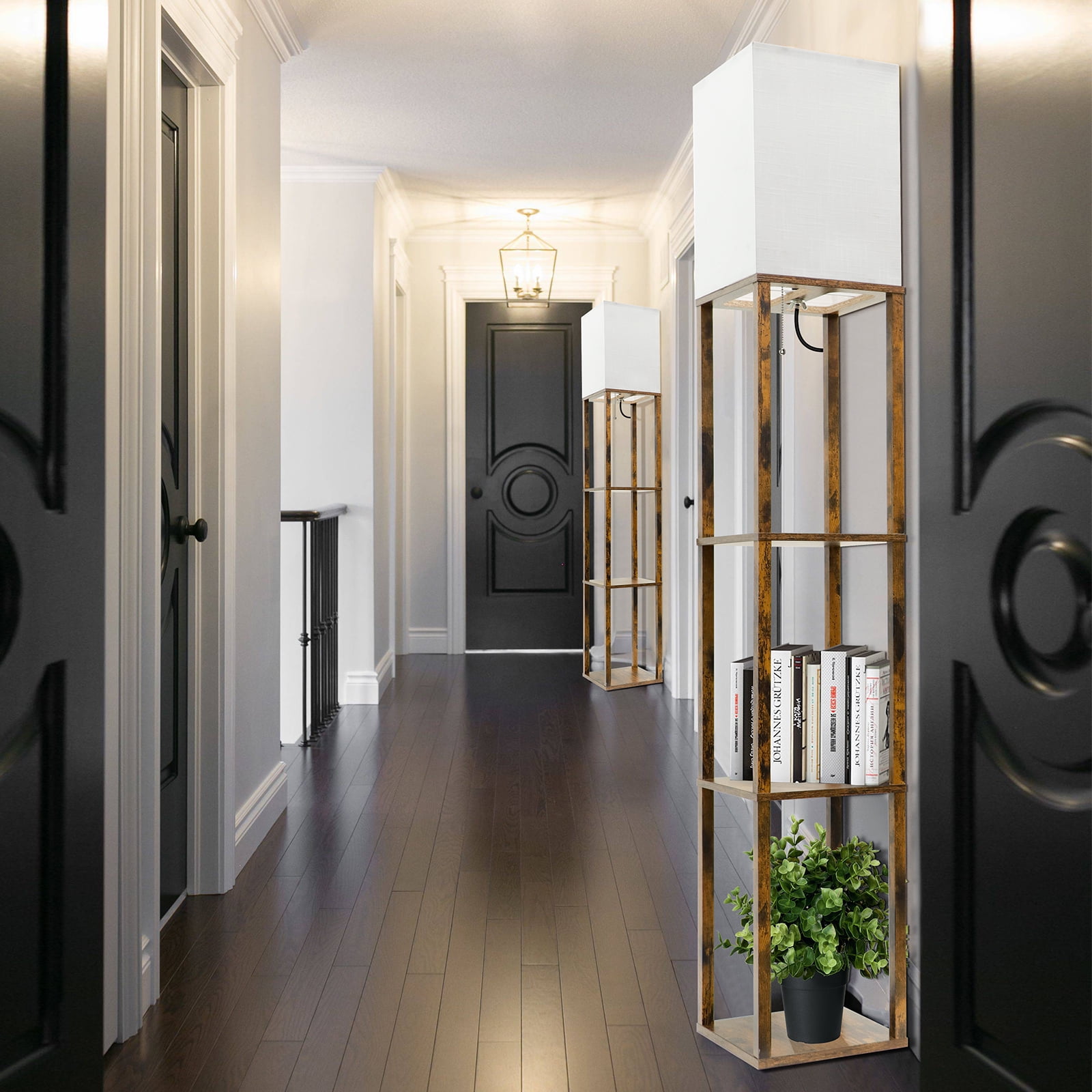 Floor Lamp with Shelves, Modern Dimmable Solid Wood Standing Lamp for Living Room and Bedroom