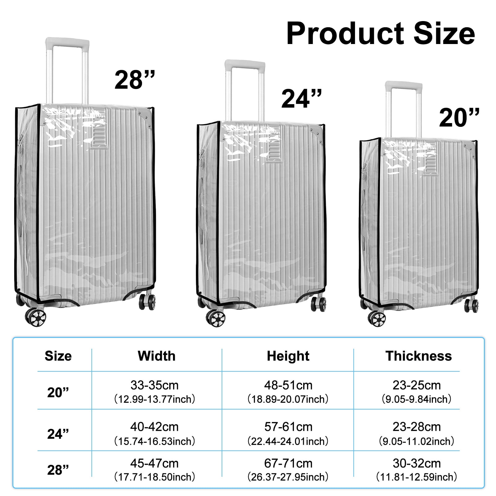 FUYGRCJ 3PCS Luggage Covers, 3 Sizes Clear Luggage Protector Cover, 20+24+28 inch Reusable Suitcase Dust Cover, Waterproof PVC Suitcase Cover Dustproof for Luggage Travelling