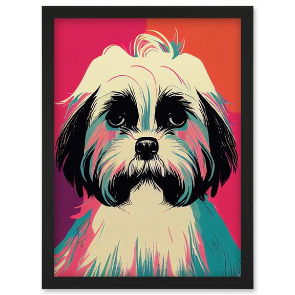 Modern Cute Shih Tzu Dog Vibrant Bright Portrait in Pink Blue Orange Cream Artwork Framed Wall Art Print A4