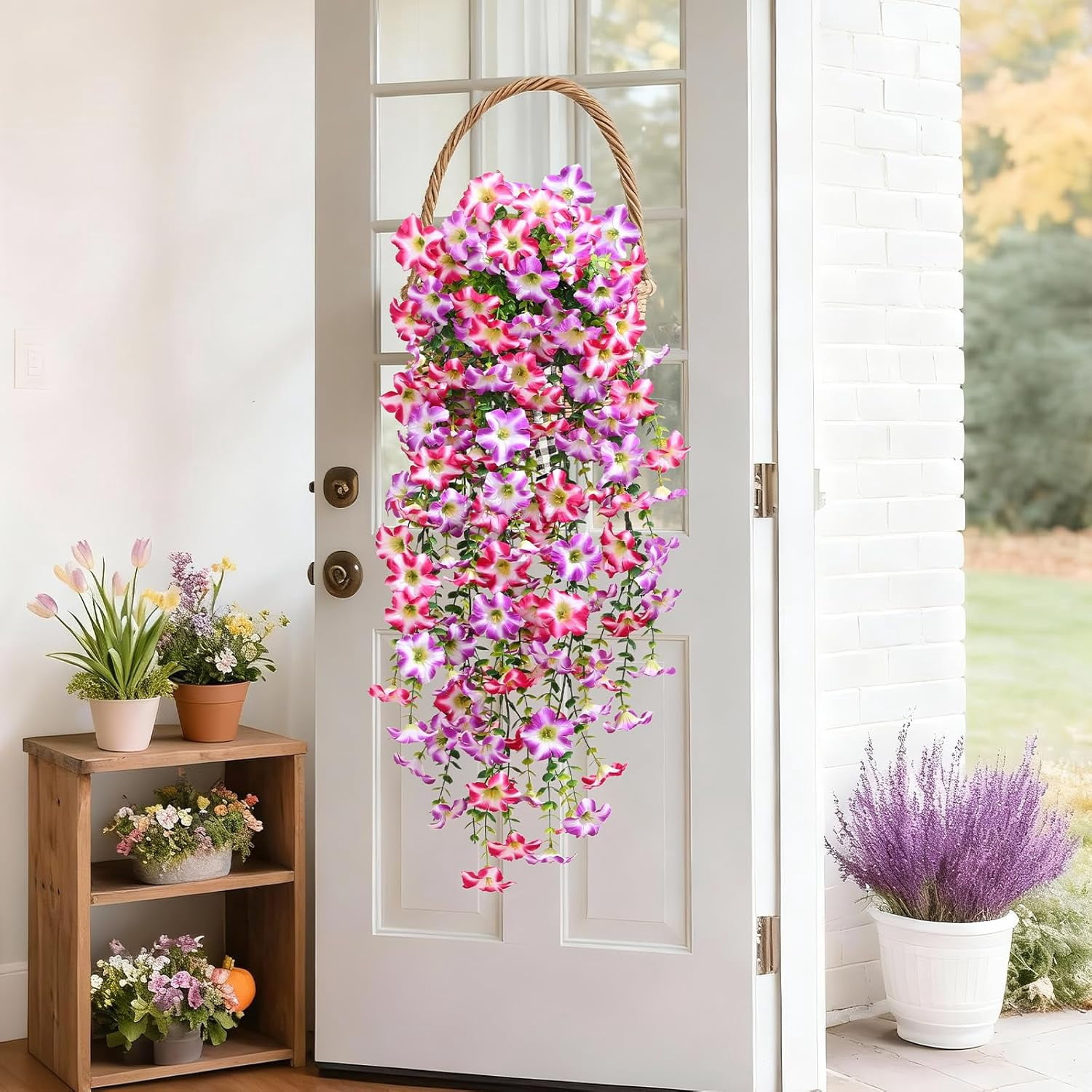 Lyacmy 4 Pcs Artificial Hanging Flowers for Outdoor Spring Decor, Rose Red Purple UV Resistant Fake Flower Petunias for Outdoor Garden Porch Patio Wedding Decor