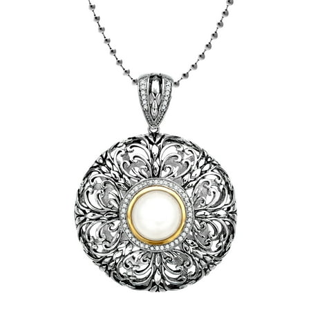 Duet Freshwater Pearl and Diamond Medallion Pendant Necklace in Sterling Silver and 14kt Gold