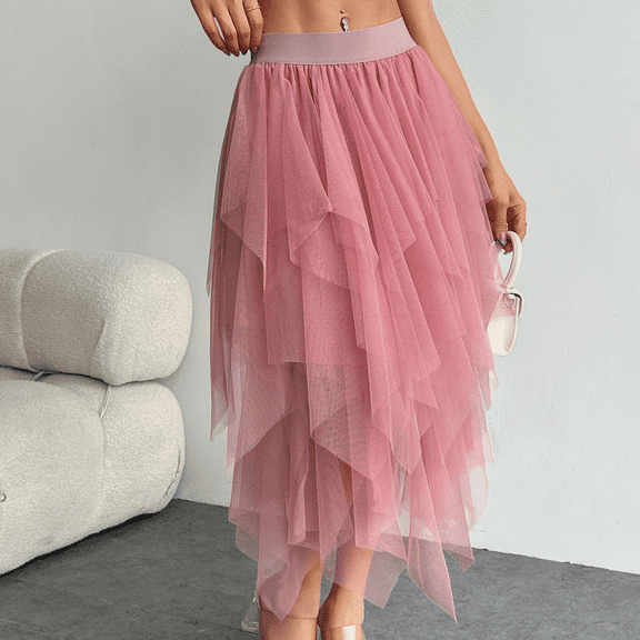 Women's Tulle Skirts High Low Layered Puffy Fairy Skirts Midi Length Irregular Tutu Skirt Pink M