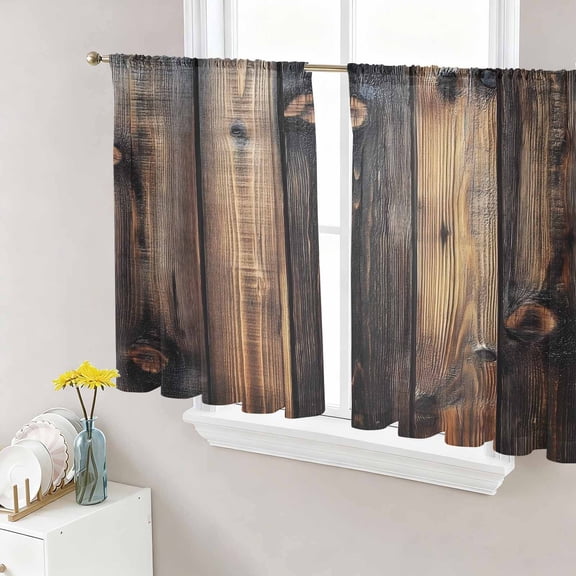 Sheer Curtains 45 Inches Long, Black Brown Board Light Filtering Window Curtains for Living Room/Bedroom, Vintage Chic Shabby Wooden Grain Rod Pocket Voile Sheer Curtain Drapes, 52"W x 45"L, 2 Panels