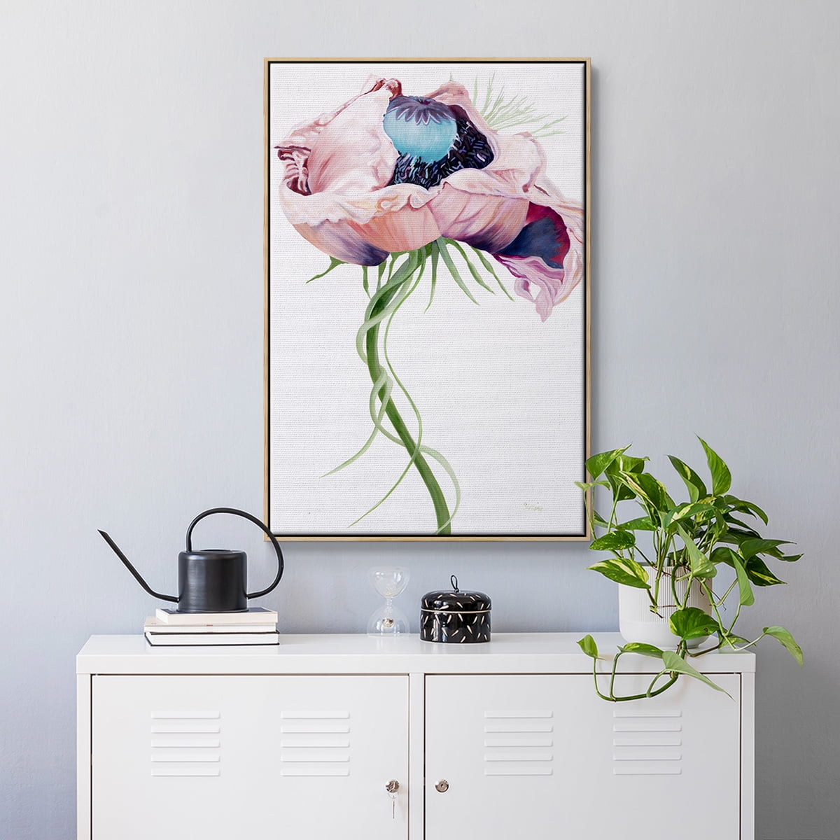 Paris Poppy II Framed Premium Gallery Wrapped Canvas - Ready to Hang - 27 x 41 - Natural Wood Floating Frame