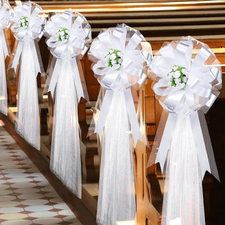 Dalrosia Large Wedding Pew Flower Bows Wedding Aisle Decorations with Rosebuds 47" Fabric Tulle Church Chair Aisle Decor for Bridal Shower Reception Ceremony Anniversary