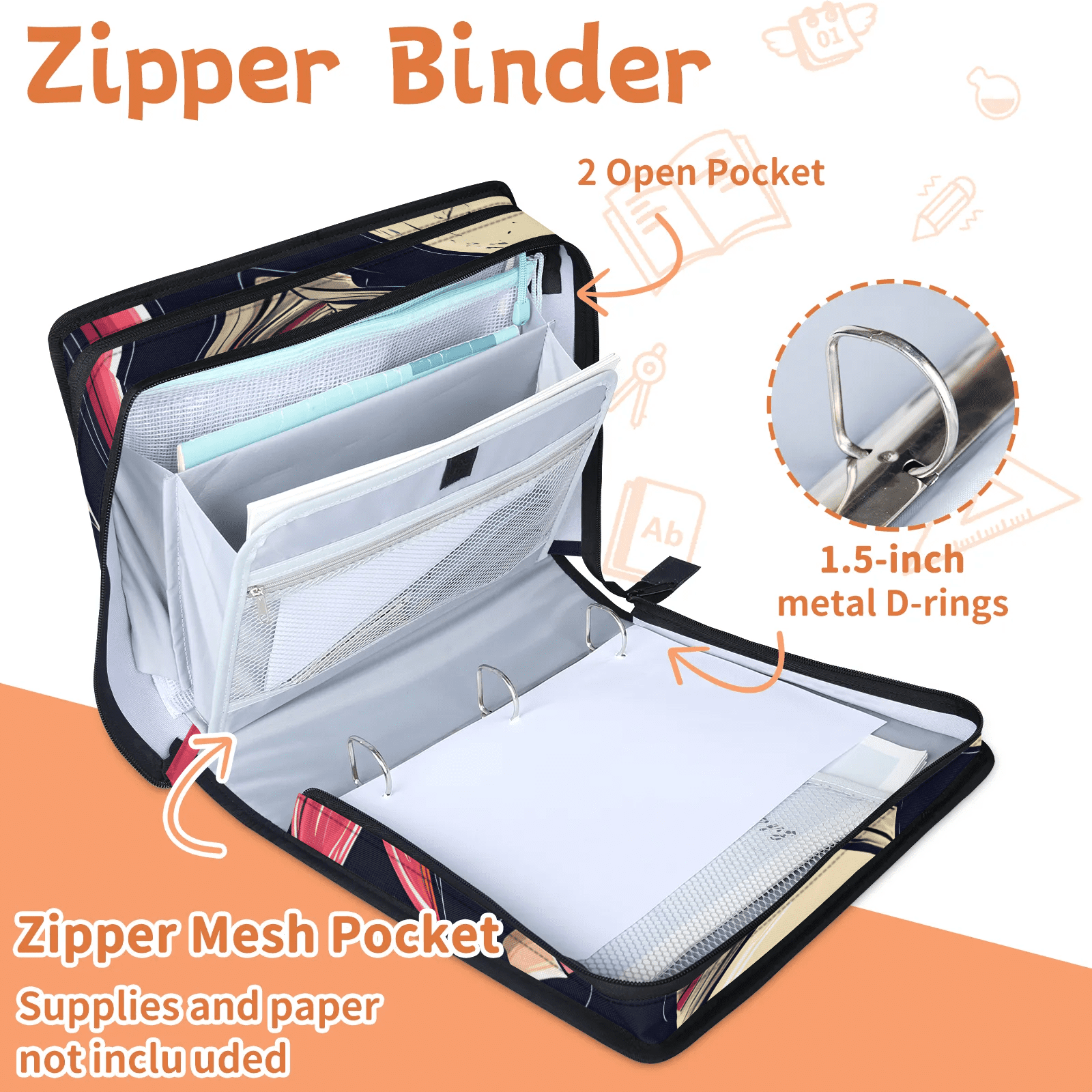 Water-Resistant Zipper Binder with 2 Expandable File Pockets and Detachable Strap, 3 Ring A4 Organizer for Students and Teachers, 13.78x12.6 Inches