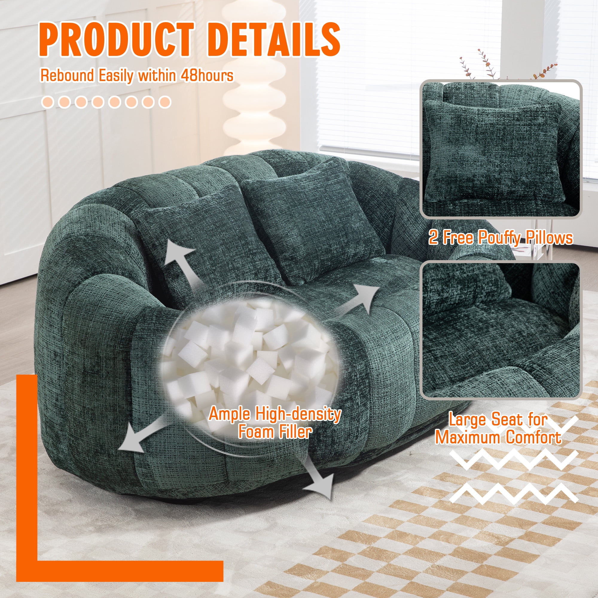 59''W Chenille Loveseat Sofa Small Couch Oversized Bean Bag Chair, Modern Lounge Loveseat Sofa with 2 Pillows,Bean Bag Couch Floor Lazy Sofa for Living Room Bedroom Apartment (Emerald)