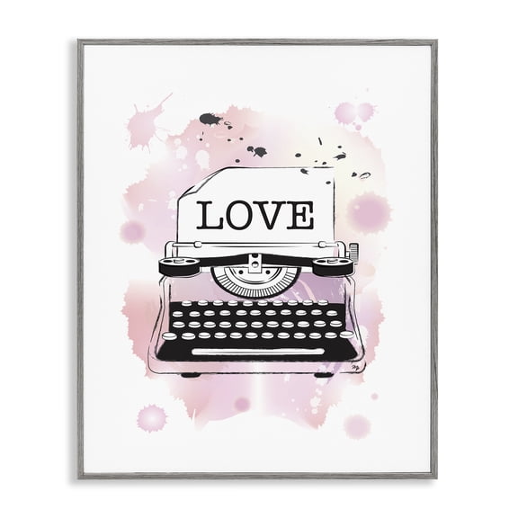 Stupell Industries Art Deco Pink Typewriter Love Paint Splash Gray Framed Giclee Art, 16 x 20, by Martina Pavlova