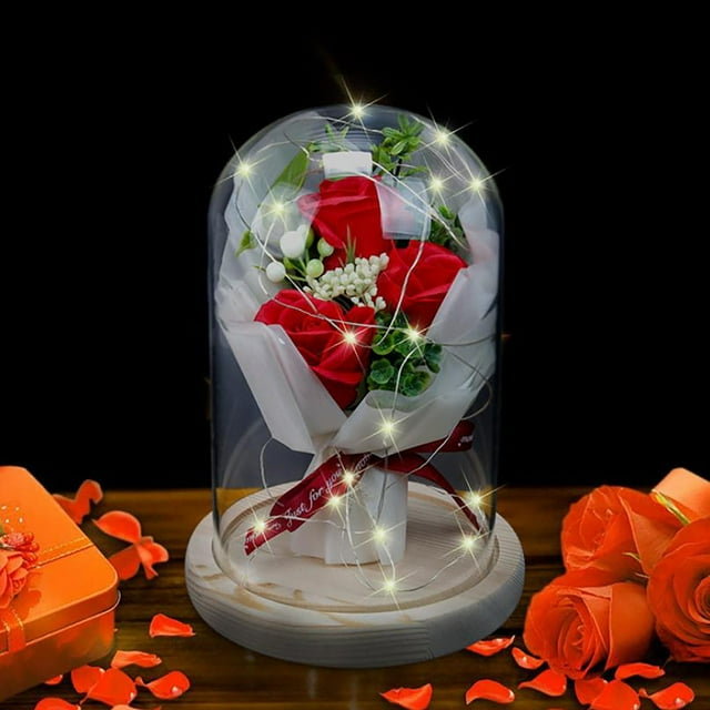 Ramo de rosas LED en cúpula de cristal con base de madera | Regalo de San Valentín con flores de jabón eternas y luces para decorar el hogar