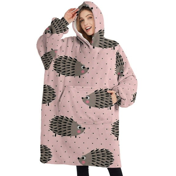 Oversized Wearable Blanket Hoodie,Pink Hedgehog Pattern Sherpa Blanket Hoodie with Super Pockets,Super Warm Fuzzy Pullover for Women & Men