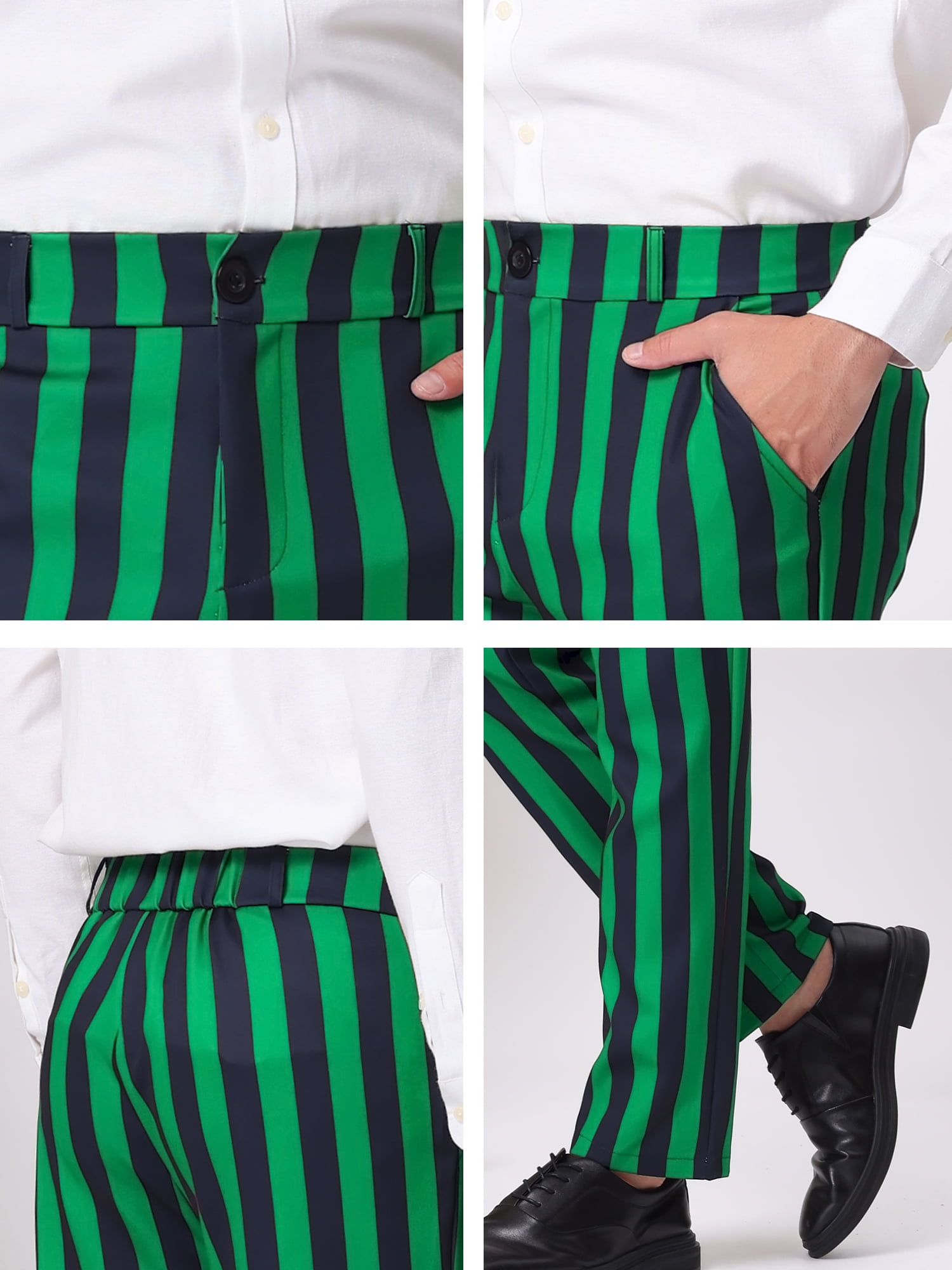 Unique Bargains Men's Striped Pant Classic Fit Flat Front Business Trousers 34 Green Black