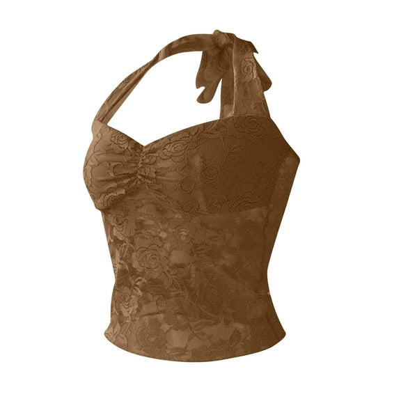 HongQid Lace Halter Tops for Women Y2K Sexy Tank Top Camisoles Shirts Cute Going Out Outfits Summer Trendy Tops Coffee S