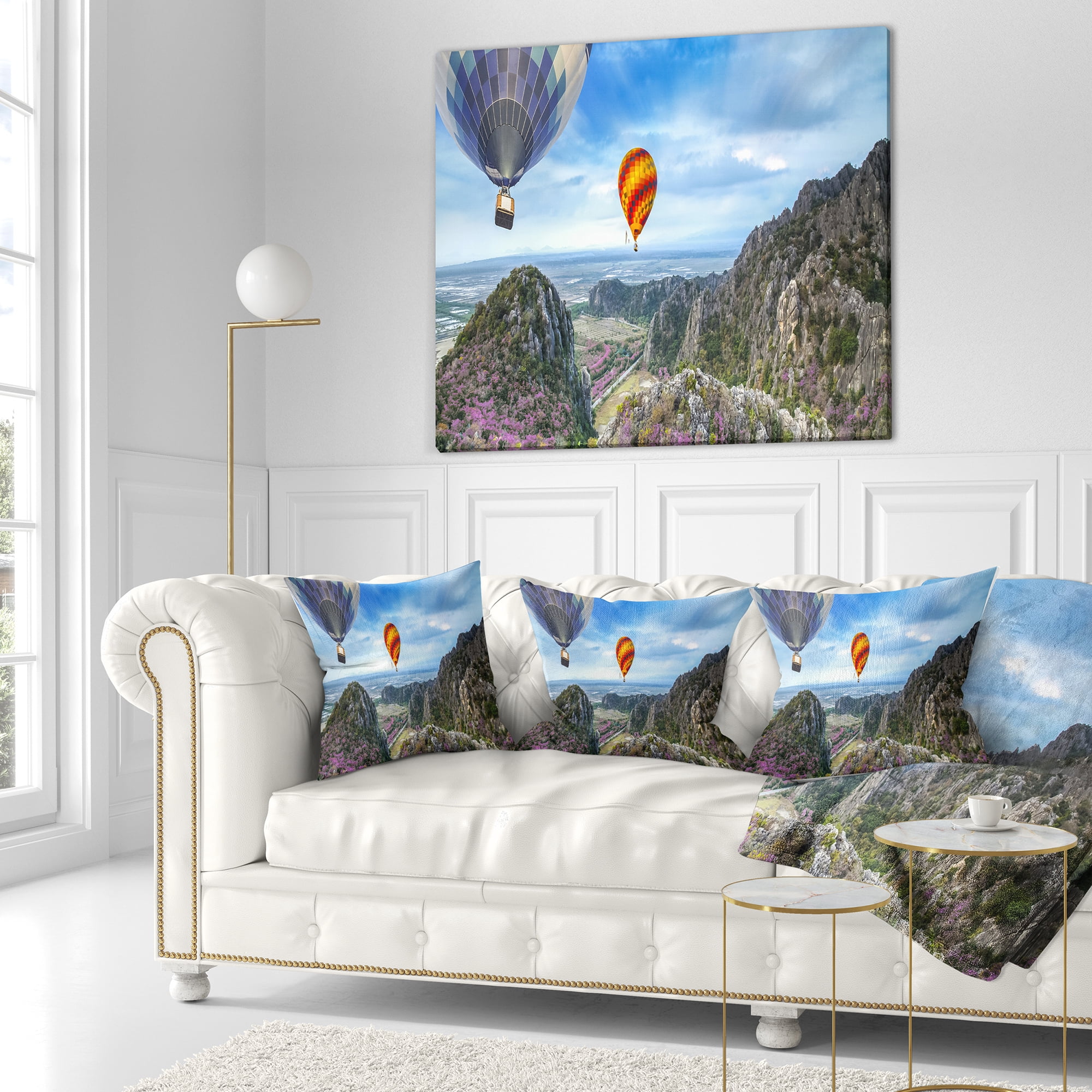 Designart Mountains and Balloon Landscape - Photography Throw Pillow - 18x18