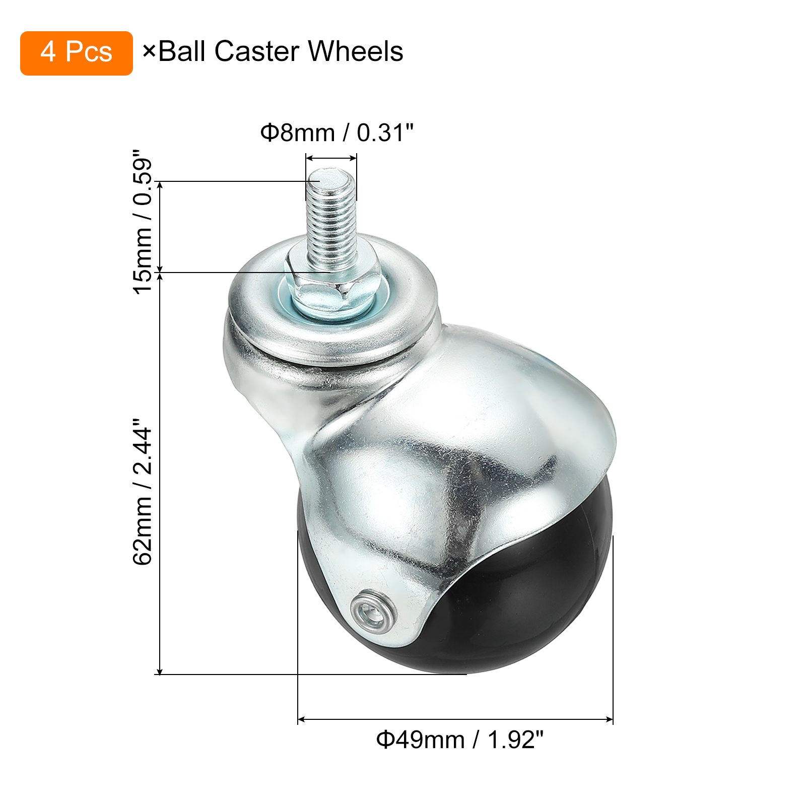 Uxcell 2" Ball Caster Wheels, 4 Pcs Threaded Stem Caster 360 Degree Movable Rotatable Caster Wheels Brake for Furniture,Galvanized