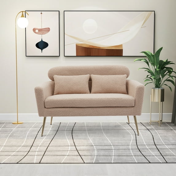 51" Loveseat Sofa with 2 Pillows, Boucle Upholstered Two-Seater Sofa Couch with Sturdy Metal Legs and Padded Seat Cushion for Living Room Bedroom Apartment, Camel