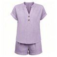 thumbnail image 5 of 2 Piece Short Sets for Women Linen Short Sleeve Outfits Casual Summer Shorts Set with Pockets,Purple S, 5 of 5