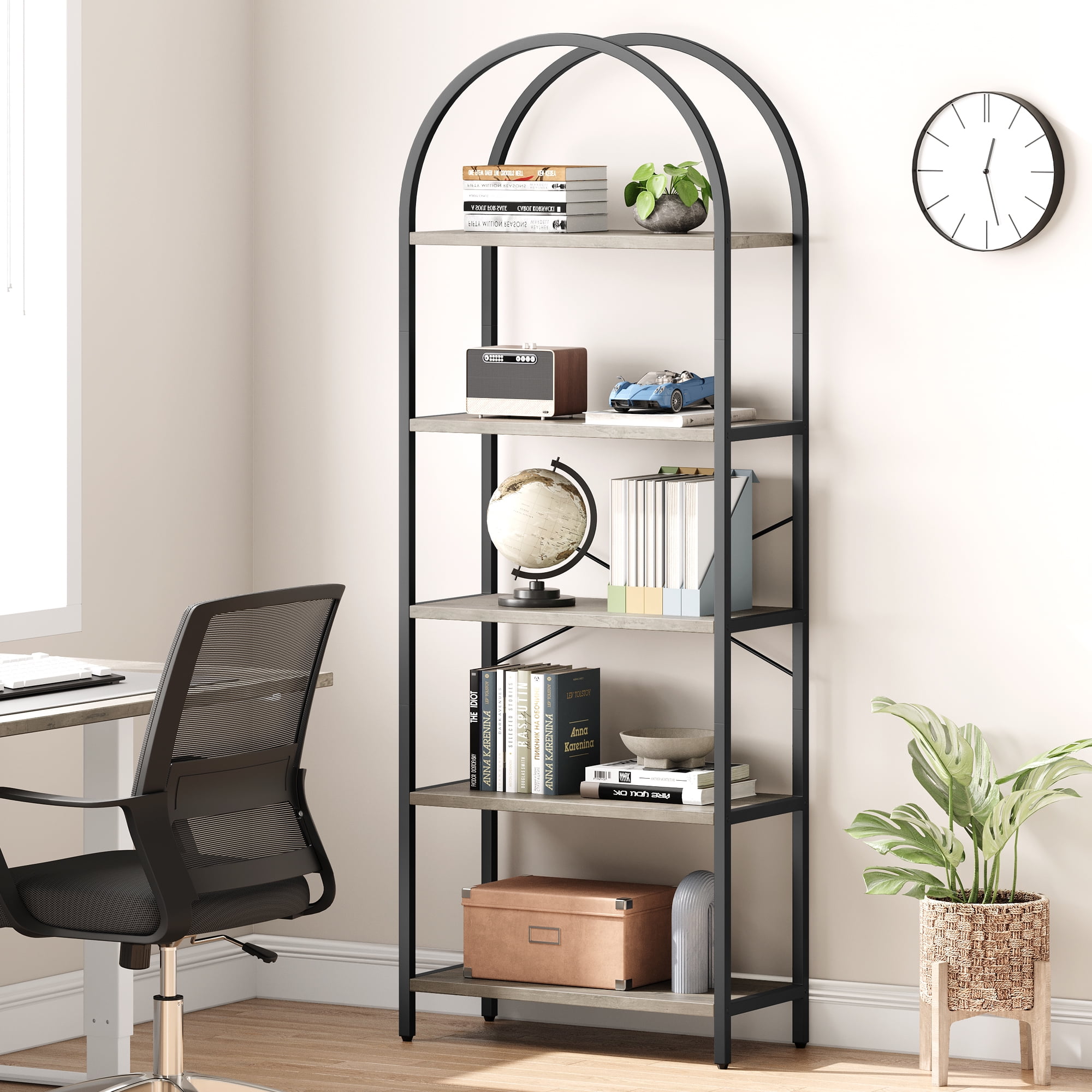 Riedhoff 5 Tier Bookcase, Arched Display Metal Frame, Modern Storage Rack Shelf, Black& Gray
