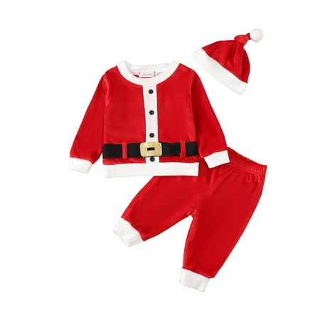 

Infant Baby Girls Boys Christmas 3Pcs Outfit Patchwork Round Neck Long Sleeve Velvet Tops with Black Belt + Long Pants + Hat Sets
