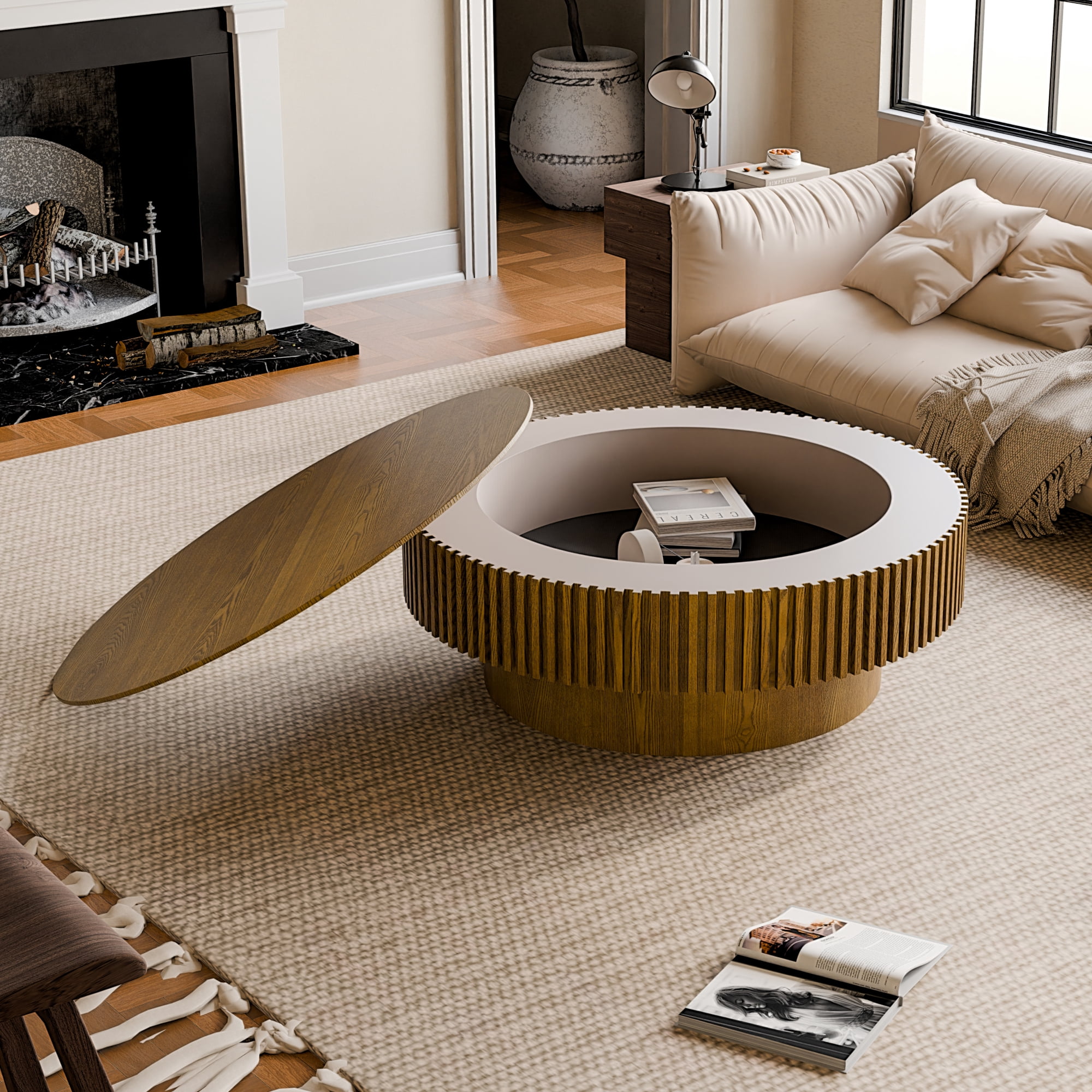 Round Coffee Table with Storage, Mid-Century Modern Solid Wood Center Table for Living Room, 39.37'' Large Circle Wooden Accent Table for Living Room, Bedroom, Apartment or Office