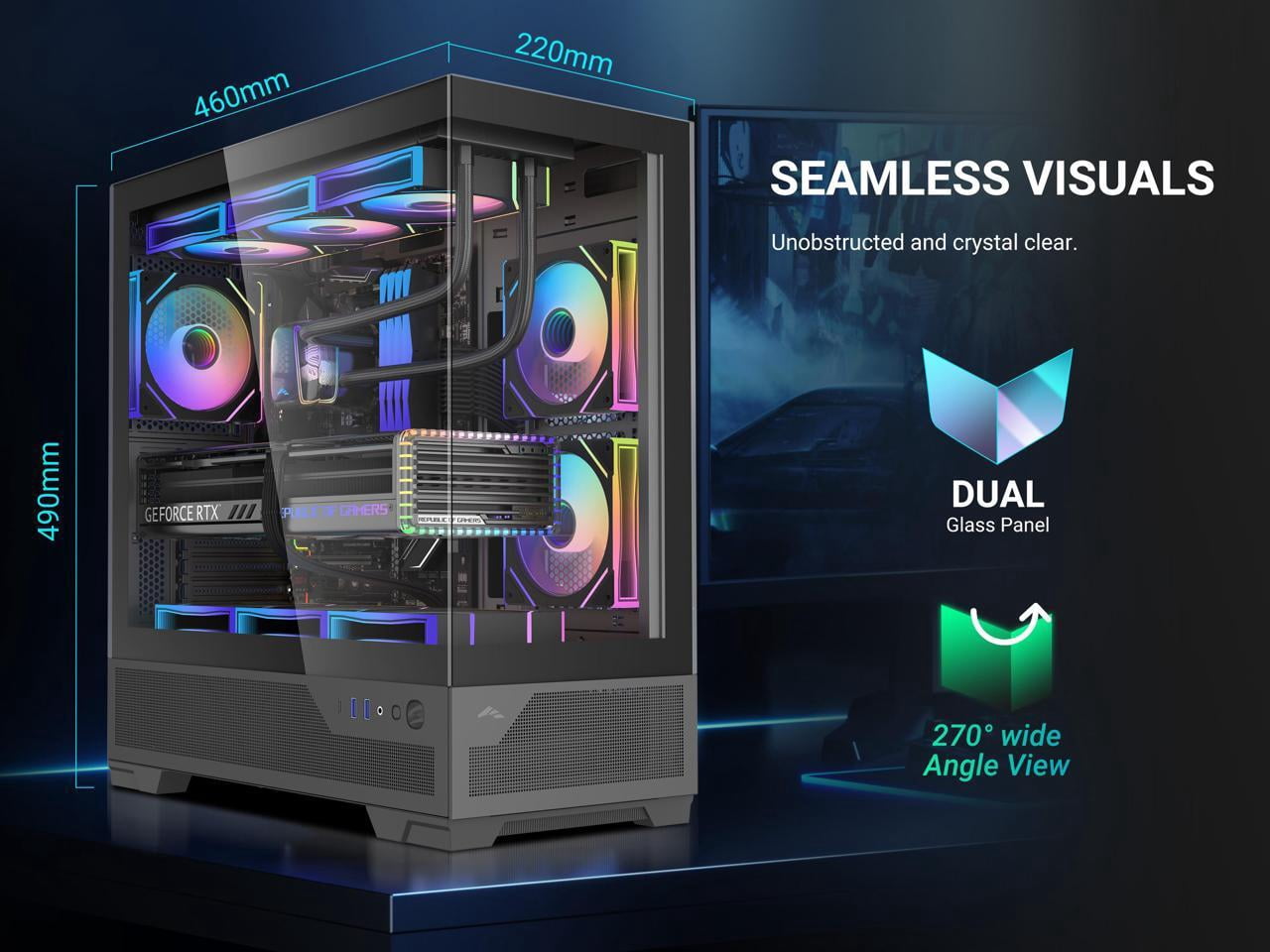 SAMA V43 Mid-Tower PC Case, 6 x 120mm PWM ARGB Fans, 4mm Tempered Glass, USB3.1 Type-C + USB 3.0 Ports, 7 Slots, Pre-Installed PWM+ARGB HUB, Supports ATX/M-ATX/ITX, Black