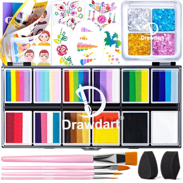 Kit de pintura facial Drawdart Rainbow de 12 x 10 g y paleta de purpurina