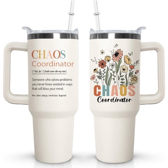 Funny Chaos 40 oz Tumbler, Chaos Insulated Travel Mug with Lid Straw Handle, 40oz Cup Gift for Women
