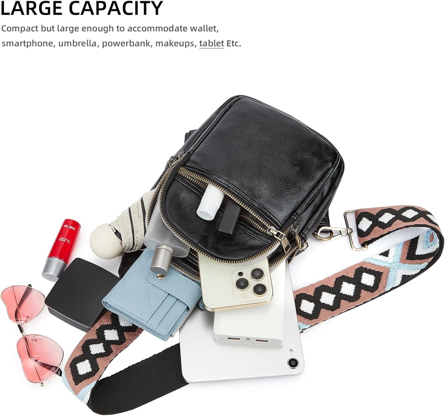 Women's Vegan Leather Sling Bag Packs Small Zipper Crossbody Chest Backpacks