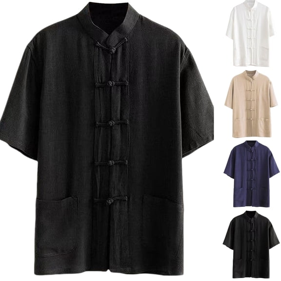 Men's Tang Style Shirt Solid Color Cotton Linen Blend Short Sleeve Shirt, Loose Fit with Frog Buttons and Pockets